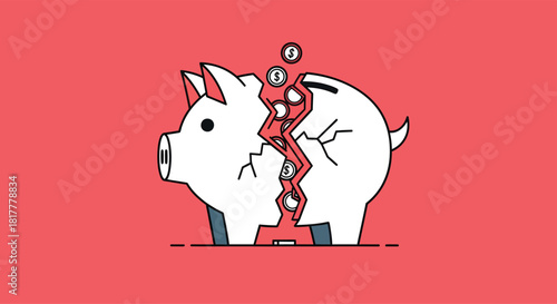 Broken piggy bank reveals loss of savings against a red backdrop, symbolizing financial difficulty and economic challenges in a minimalist style.