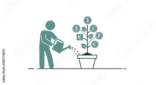 Stick figure waters money tree in pot on white surface, representing investment growth and financial success.