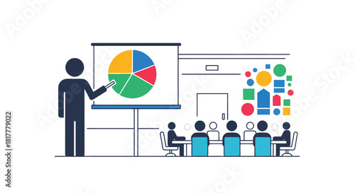 Business team analyzes pie chart during presentation in modern office boardroom, discussing strategy and growth with collaborative and professional atmosphere.