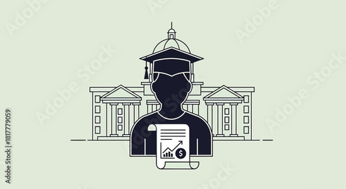 Graduate holding financial report stands proudly in front of university building, symbolizing academic achievement and bright future.