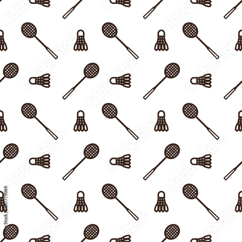 line art pattern of two badminton rackets with a shuttlecock.The rackets have pink faces with a grid pattern, dark frames, and pink handles. The shuttlecock has a pink base and white or light feathers