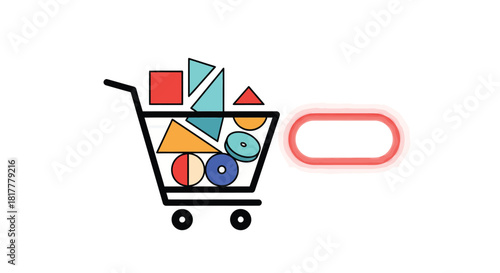 Shopping cart filled with colorful geometric shapes representing diverse products and services available for purchase online, showcasing variety and choice.