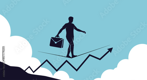 Businessman balancing on upward trending arrow over clouds, symbolizing risk and reward in the pursuit of financial success.