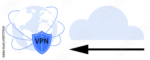 VPN security concept. VPN ensuring secure data transfer with a shielded globe and cloud icon. VPN protects online privacy and networks. For cybersecurity, cloud services, network safety, data