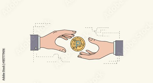 Hands exchanging cryptocurrency coin against a light backdrop, symbolizing digital finance and modern transactions in a minimalist style.