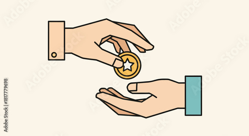 Hands exchanging a gold coin with a star in a simple, clean style representing a transaction or investment, conveying a sense of financial exchange.