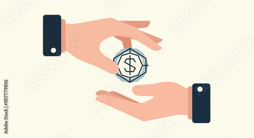 Hands exchanging a coin with a dollar sign on a cream colored surface, representing financial transaction and business deal with simple style.