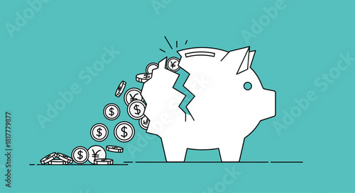Broken piggy bank spills coins on blue surface, symbolizing financial loss and economic hardship with a minimalist and stark visual impact.
