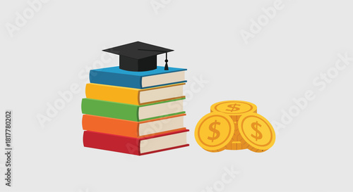 Stack of colorful books with graduation cap and gold coins represents education investment and financial planning for future success.
