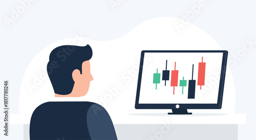 Man analyzes stock market trends on computer screen in bright office, focusing on candlestick charts for investment decisions, conveying financial analysis.