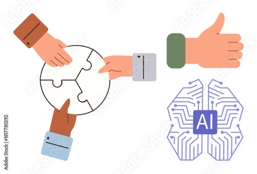 Four hands assembling a puzzle, a thumbs-up sign, and AI brain illustration. Ideal for teamwork, innovation, AI technology, problem-solving, success, digital transformation collaboration in simple