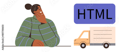 Contemplative individual resting hand on chin next to HTML text and delivery truck. Ideal for coding, web design, logistics, digital planning, problem-solving, e-commerce, education concepts. Simple