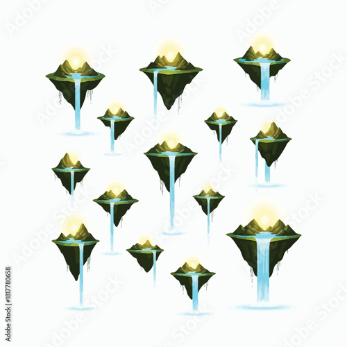 Collection of abstract glowing geometric shapes isolated on white background