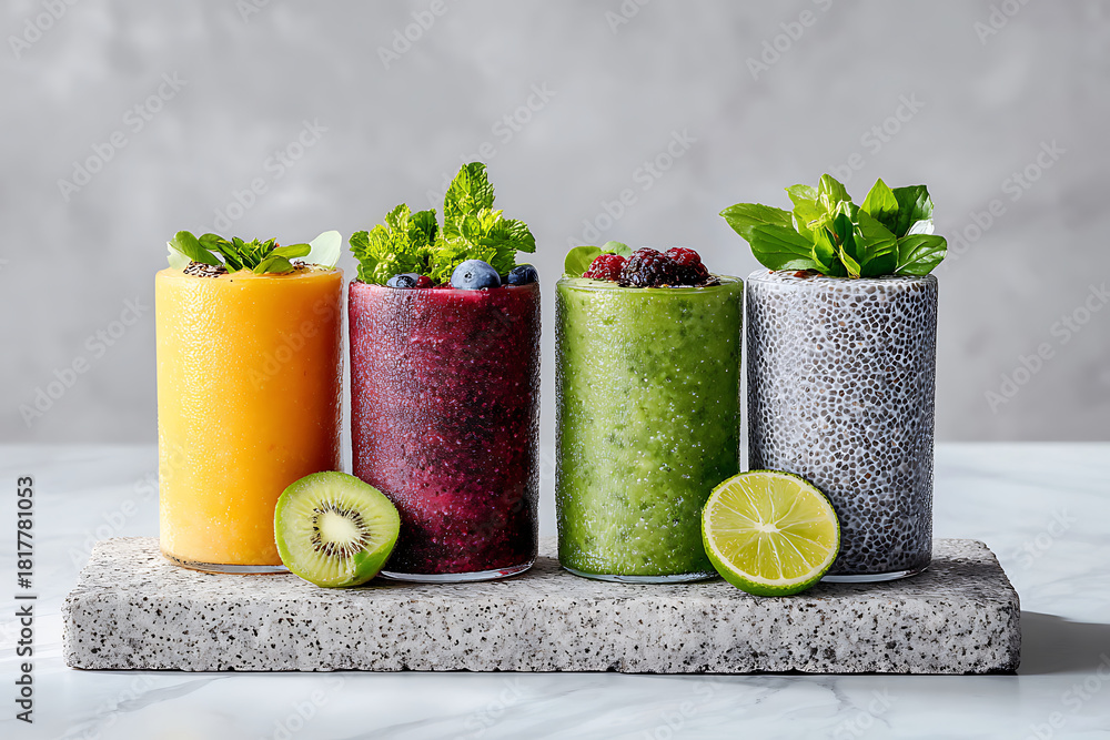 Fototapeta premium Fresh Fruit and Vegetable Smoothies Displayed on a Stone Surface With Mint Leaves and Kiwi Slices