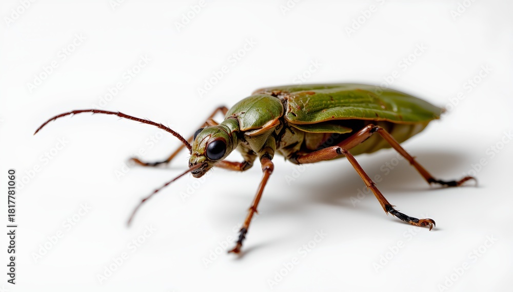 Fototapeta premium A large green beetle with black antennae, standing out against a white background.