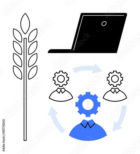 Wheat stalk, laptop, human icons with gears connected by arrows represent teamwork, technology, and efficiency in agriculture. Ideal for farming, sustainability, automation, productivity innovation