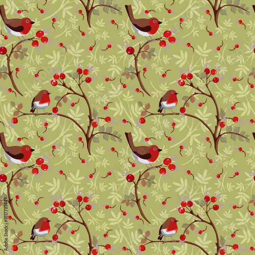 English national bird, cheerful robin, little robin, hand-drawn seamless vector pattern, birds, warm dark green background, ripe rose hips, cheerful birds, branches, leaves, berries, red berries, EPS