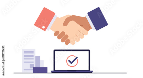 Business partners shaking hands over a successful online agreement displayed on a laptop screen, symbolizing trust and collaboration.