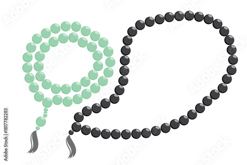 Vector illustration of Islamic prayer beads or tasbih in two different colors, mint green and dark brown, arranged on a clean white background. Suitable for religion, Ramadan and Eid, Islamic culture