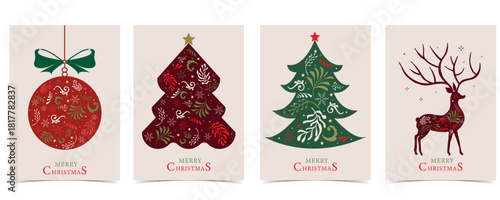 Christmas background with tree,reindeer nouveau style