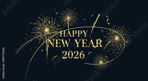 Festive New Year celebration design featuring fireworks and celebratory text.