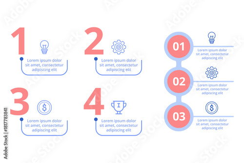 Infographic set illustrating series of steps for implementing effective strategies. Each section including icons and brief descriptions, presenting information clearly and visually