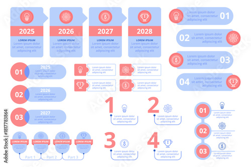 Infographic set illustrating project milestones for years 2026 to 2028. Icons, statistics, and clear layout included for easy understanding of annual goals and achievements