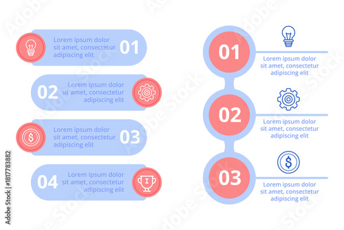 Structured presentation of information with numbered sections. Each section containing different icon and explanatory text focusing on various topics or elements