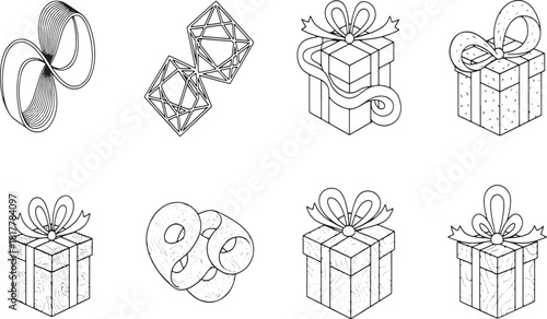 Collection of gift boxes, bow and diamonds