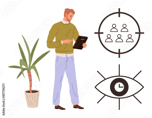 Businessman holding a tablet near a plant, analyzing team focus, productivity, and time icons. Ideal for planning, team management, strategy, productivity, goal-setting focus time management