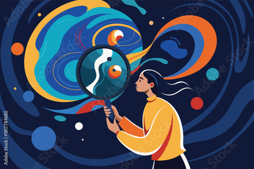 Woman exploring opportunities with magnifying glass, visualizing possibilities and making discoveries in a dynamic world, vector illustration