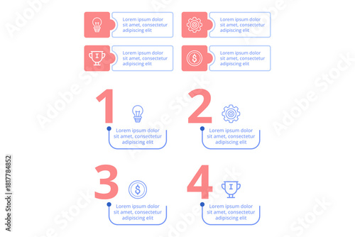 Infographic set presenting four key concepts with icons and brief text descriptions. Each section highlighting important information visually, ideal for quick learning or reference