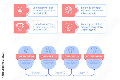 Infographic set displaying various sections featuring light bulbs, trophies, and currency symbols. Each section containing brief text blocks designed for clear information sharing