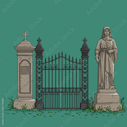 Guarding the Gates Vintage Cemetery Illustration