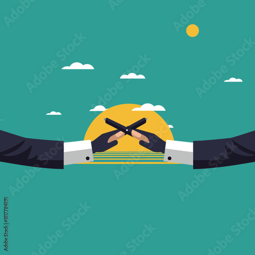 Sunset Deal Two Businessmen Cross Pencils