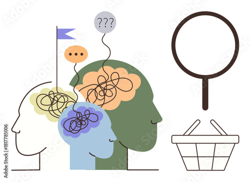 Three silhouettes with tangled lines in heads, speech bubbles, magnifying glass, and basket. Ideal for decision-making, clarity, collaboration, mental health, conflict resolution education