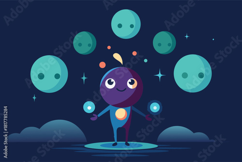 Playful cartoon alien juggling glowing orbs in starry night sky with planets for children's book illustration or educational space exploration game