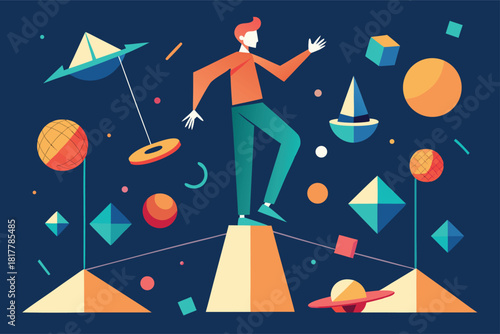 Dynamic composition of a man balancing on a shape among geometric shapes with a retro futuristic vibe, perfect for creative concepts and business solutions