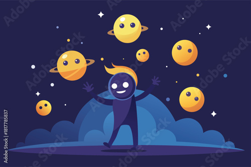 Whimsical cosmic character juggling happy planets in vibrant space adventure, perfect for children's books and imaginative designs, vector illustration