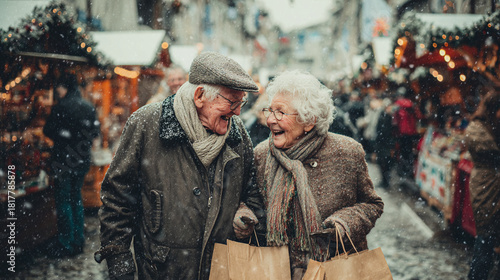 Elderly Couple Shopping at Festive Winter Market