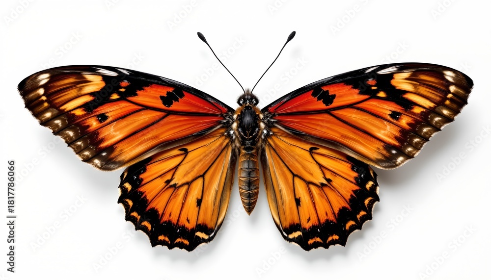 Fototapeta premium An open winged butterfly with intricate patterns, posed against a white background, exhibiting its vibrant colors and delicate design.