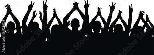 Cheering audience silhouette raising V for victory signs and clapping hands at concert, rally, or celebration event, isolated vector illustration.