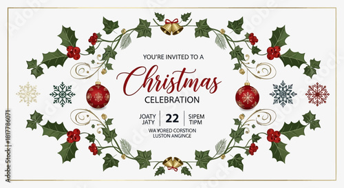 Christmas celebration invitation with holly leaves, ornaments, snowflakes, and golden bells arranged in an oval frame.