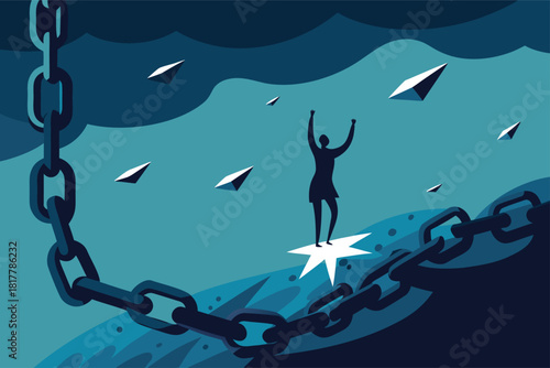 Empowered woman breaking free from limitations and soaring towards success in a dynamic, abstract landscape, achieving her aspirations with determination