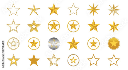 Collection of Golden Star Vector Icons in Various Styles on White Background