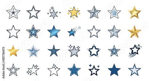Collection of star vector illustrations, stars in various styles and colors in high resolution on