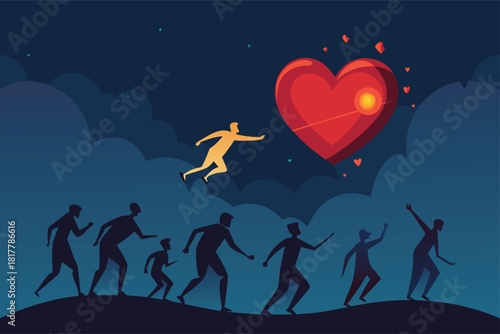 Chasing dreams and love towards a glowing heart in a surreal night scene, people reaching for aspiration with passion and hope, motivational concept