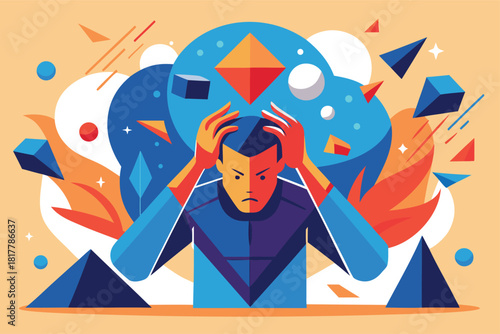 Overwhelmed man gripping his head surrounded by geometric chaos a modern conceptual piece about pressure and stress for mental health campaigns or business