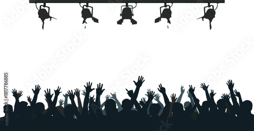 Cheering audience with hands raised, illuminated by stage spotlights, enjoying music concert, live event, party, or festival celebration vector.