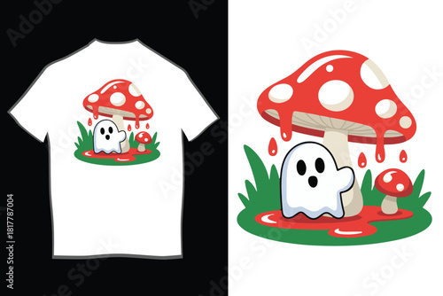 Cute cartoon ghost character standing under a magical red and white spotted mushroom with dripping details, on a bed of green grass and a smaller toadstool.